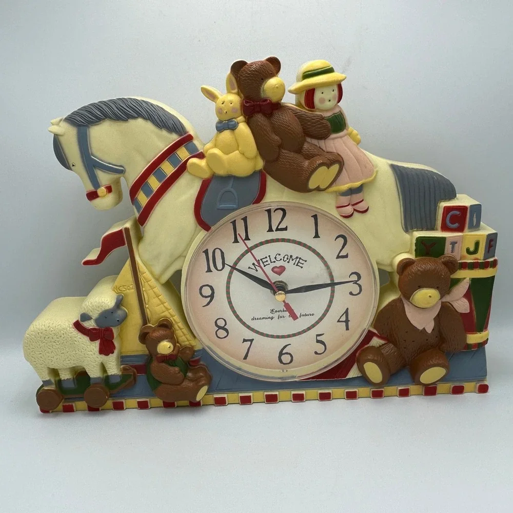 Vintage Wall Clock Welcome Madeline Rocking Horse Bear 90s NostalgicPlastic Mold